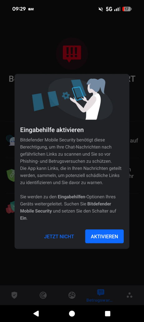 Bitdefender Eingabehilfe aktivieren Betrugswarnung Phishing-Schutz Chats SMS