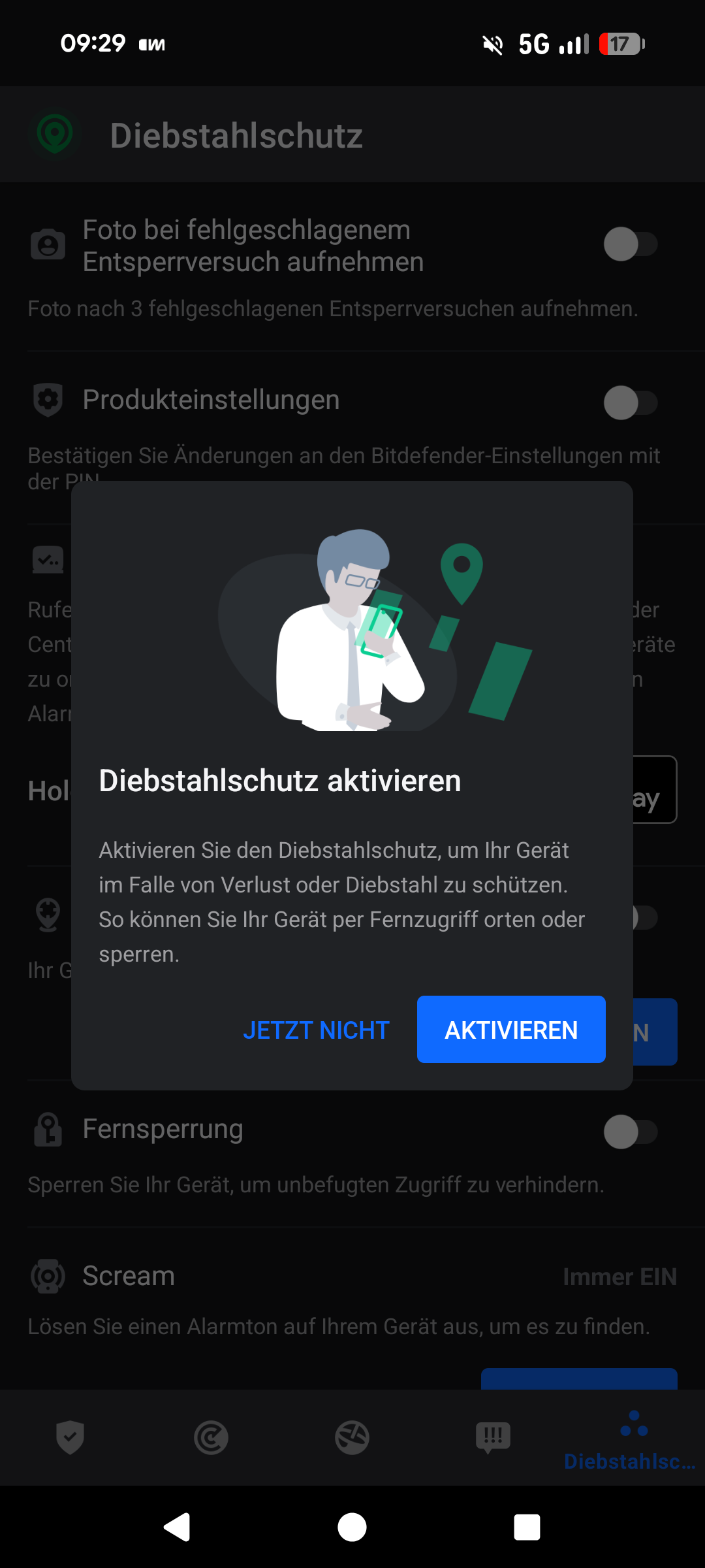 Bitdefender Diebstahlschutz Aktivierung Handy orten sperren