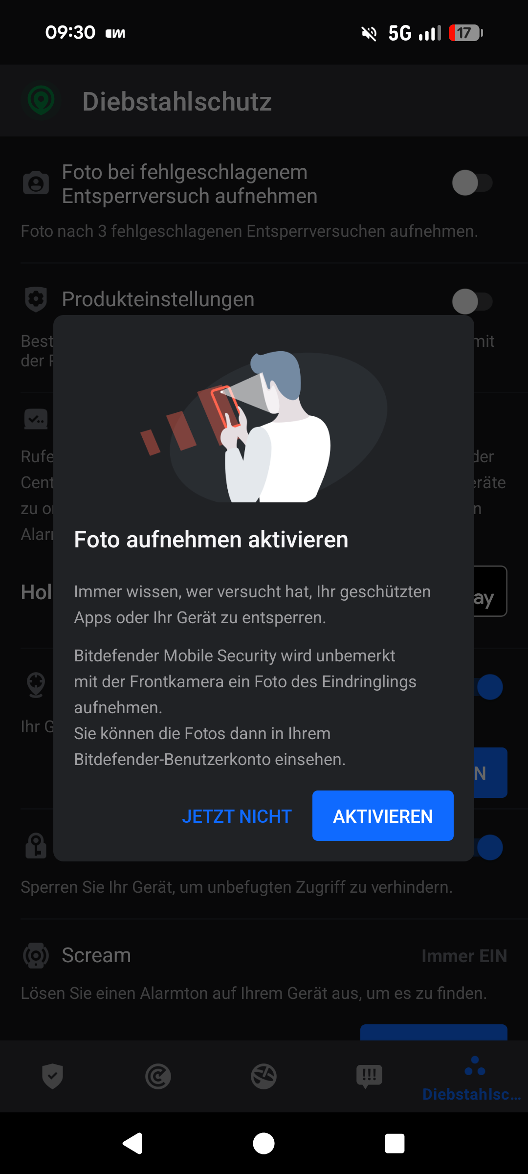 Bitdefender Diebstahlschutz Foto bei fehlgeschlagenem Entsperrversuch aufnehmen
