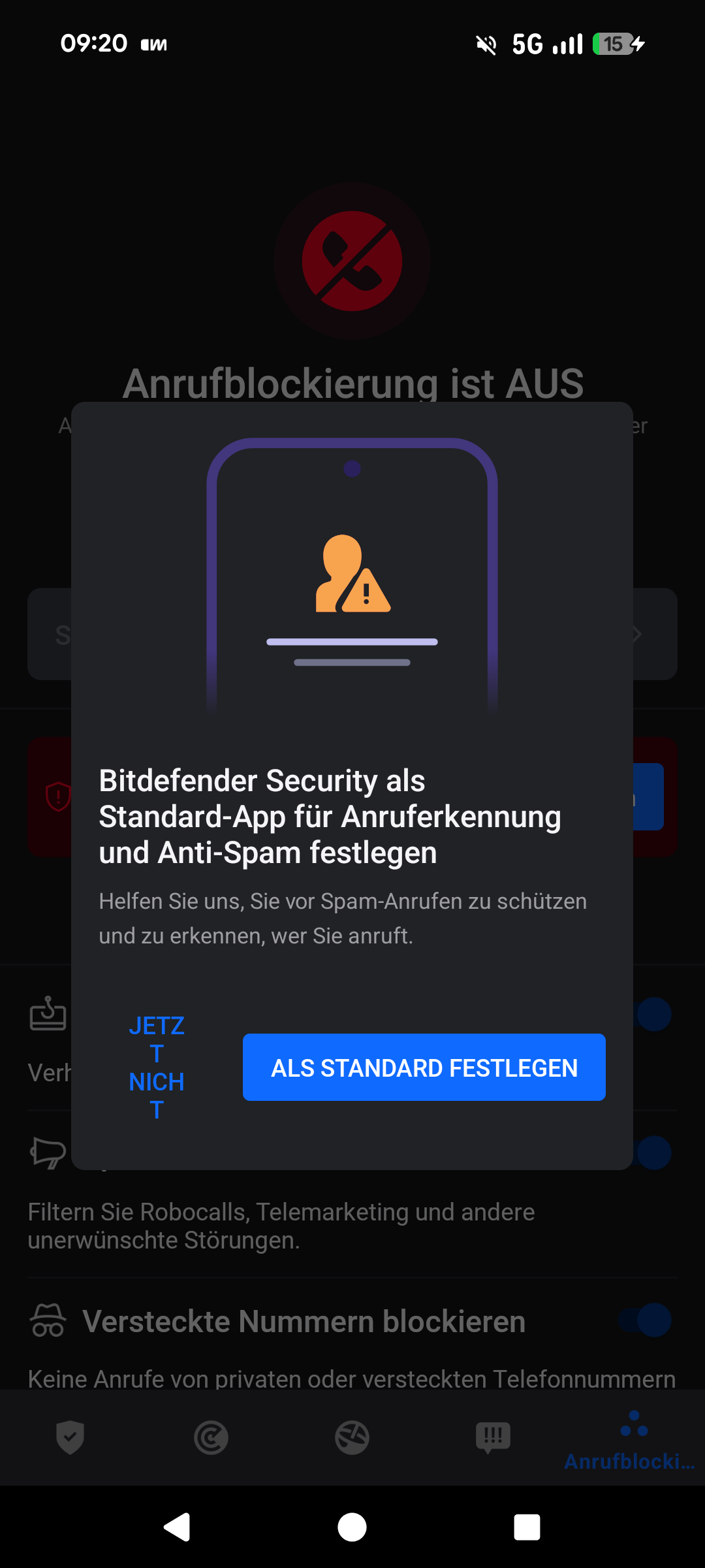 Bitdefender Mobile Security Erfahrungen. Standard-App für Anruferkennung und Anti-Spam festlegen