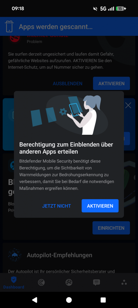 Bitdefender Mobile Security Berechtigung Einblenden über anderen Apps für Warnmeldungen