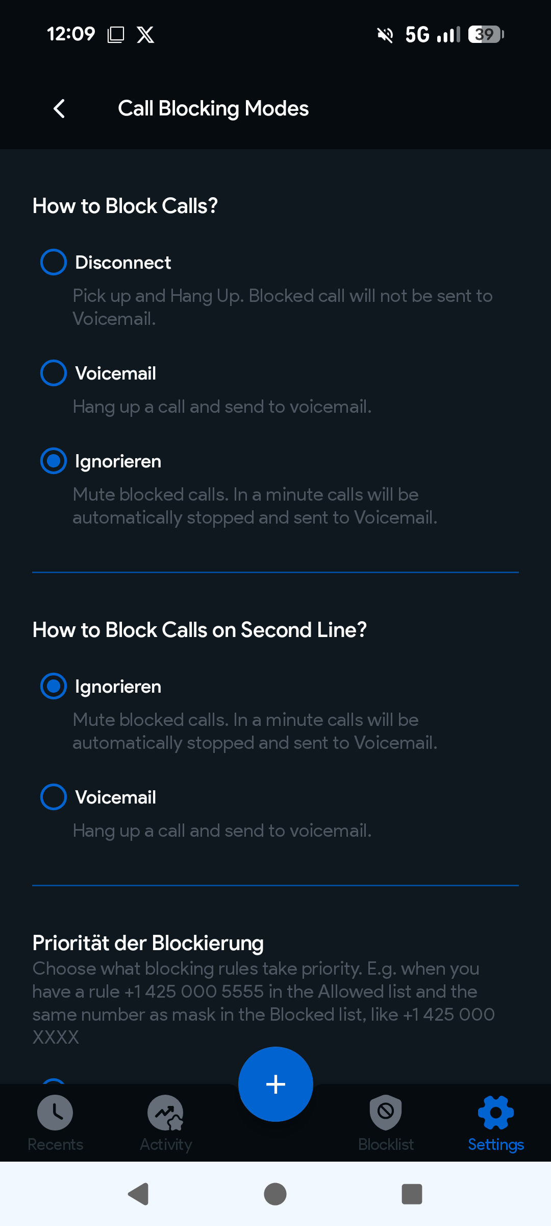 Call Control Erfahrungen Blockier-Modi Voicemail Ignorieren Auflegen