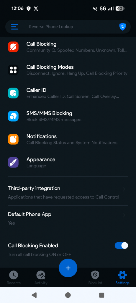 Call Control App Einstellungen Übersicht für Anrufschutz und Blockierung