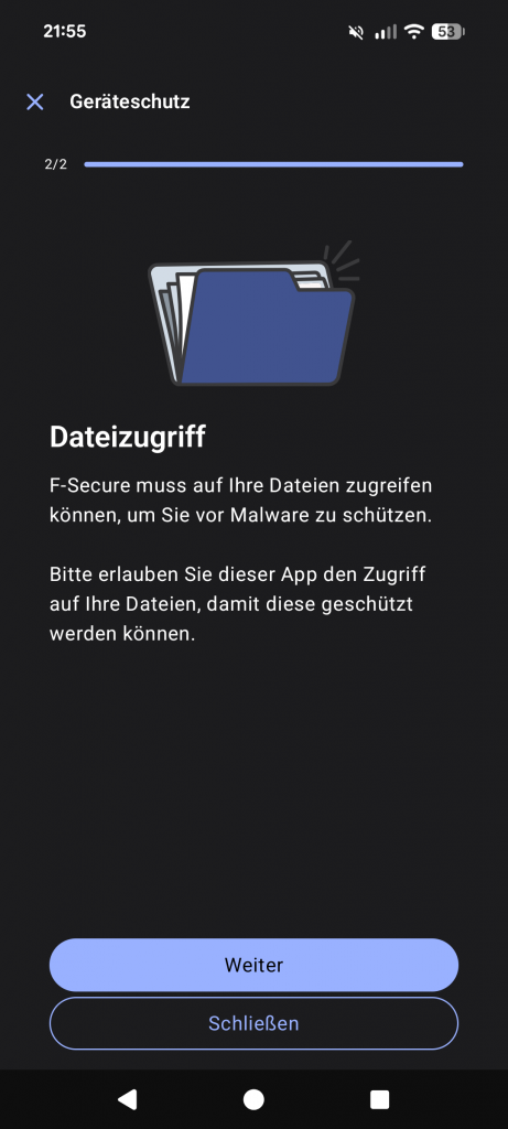F-Secure Mobile Security einrichten Dateizugriff für Malware-Scan erlauben