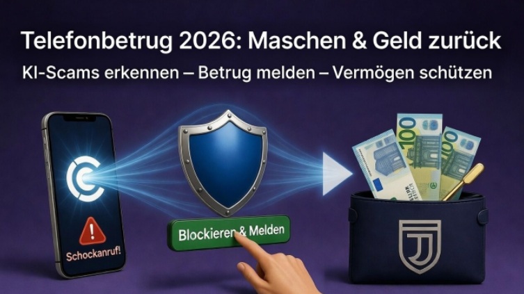 Telefonbetrug Maschen 2026: Geld zurückbekommen & melden 1 Telefonbetrug Maschen 2026: Ein Smartphone blockiert einen KI-Voice-Cloning-Anruf, während ein Schutzschild und ein Geld-Symbol den Prozess zum Geld zurückbekommen illustrieren