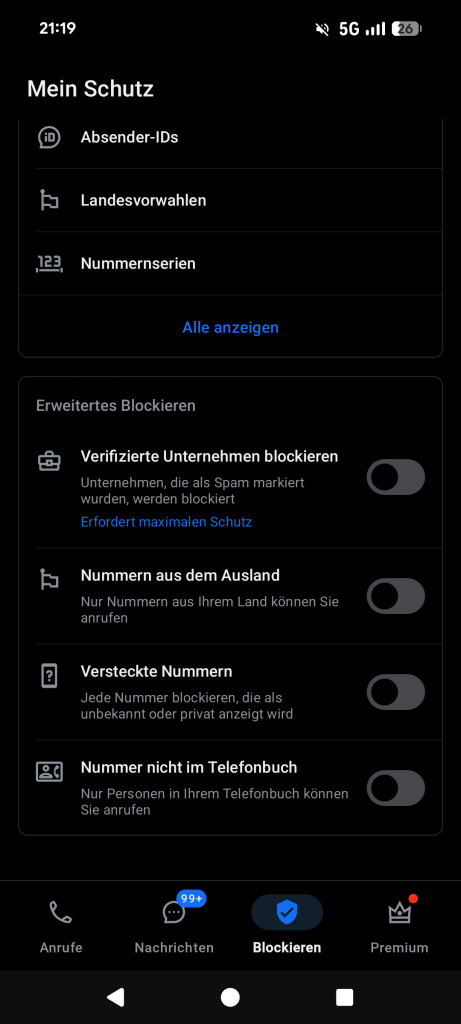 Truecaller Test 2026: Sicherer Schutz oder Daten-Risiko? 5 Truecaller Erfahrungen Betrugsschutz Einstellungen Screenshot