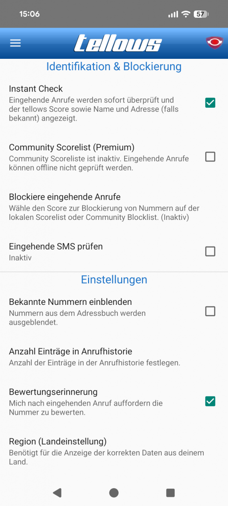 tellows Erfahrungen 2026: Das Hauptmenü bietet Zugriff auf SMS-Spam-Prüfung und Instant Check – weit mehr als eine herkömmliche Sperrliste.
