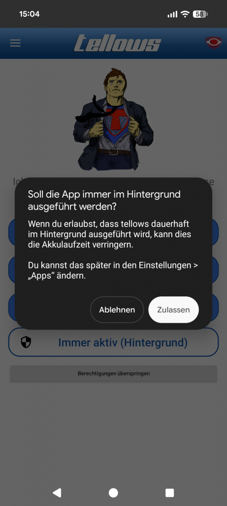 tellows Schutz vor KI-Spam: Die Erlaubnis zur Hintergrundaktivität stellt sicher, dass der Schutz vor Schockanrufen auch 2026 permanent aktiv bleibt.