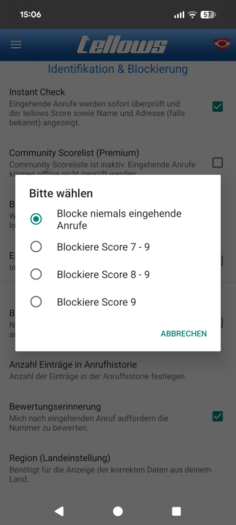 tellows Premium vs. Free: In den Einstellungen lässt sich das Blockierungs-Level individuell von Score 7 bis 9 festlegen, um einen maßgeschneiderten Schutz vor KI-Spam zu erhalten.