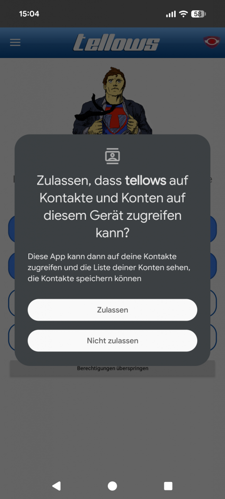 tellows seriös und Datenschutz: Die App fragt transparent nach der Kontakte-Berechtigung, um Fehlalarme bei Freunden zu vermeiden und die Privatsphäre zu schützen.