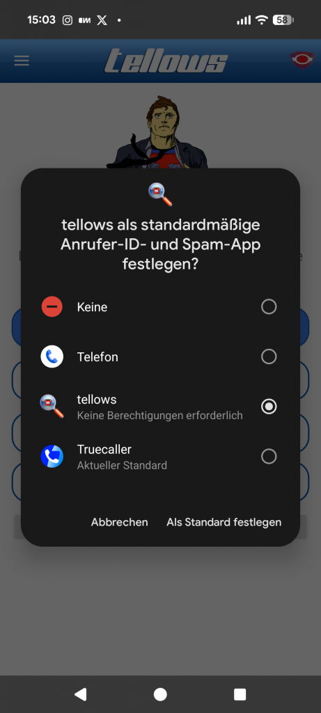 tellows vs. TrueCaller Vergleich: In der Android-Auswahl wird tellows als Standard-App für Anrufer-ID und Spam-Schutz festgelegt, um KI-Spam effektiv zu blockieren.
