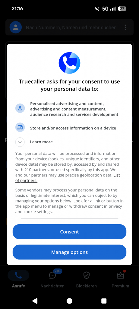 Truecaller Test 2026: Sicherer Schutz oder Daten-Risiko? 4 Truecaller Consent Banner Einverständnis für 210 Partner Firmen