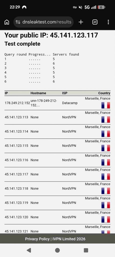 NordVPN App Test 2026 - DNS Leak Test