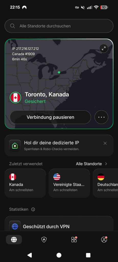 NordVPN App Test 2026 - Verbindungen Dashboard