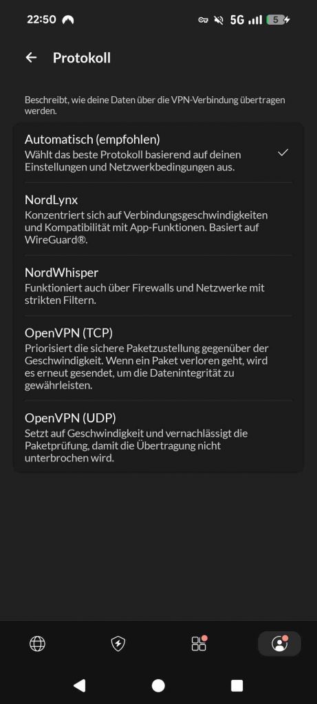 NordVPN Smartphone Test 2026 - Einstellungen Protokoll Auswahl