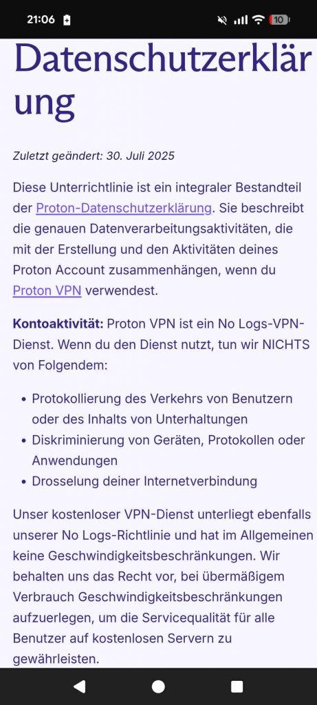 Proton Vpn Erfahrungen 2026 - Datenschutzerklärung