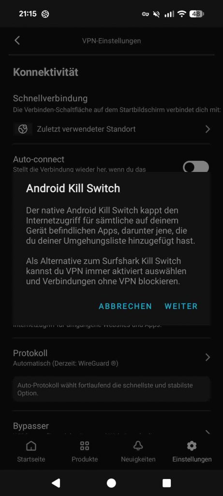 Surfshark App Test 2026 - Android Kill Switch Einstellung