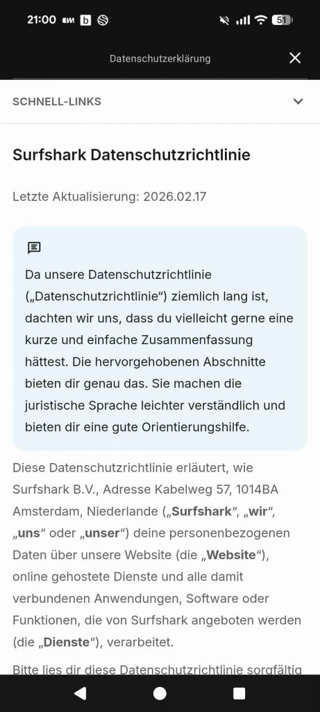 Surfshark App Test 2026 - Datenschutzrichtline Zusammenfassungen