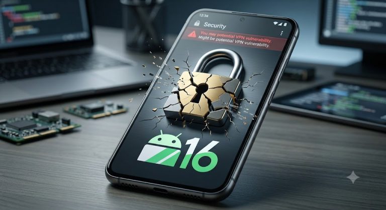 Android 16 Vpn Sicherheitslücke 2026 - Titelbild Das Ein Android Smartphone Mit Zerbrochenen Schloss-Symbol Zeigt.