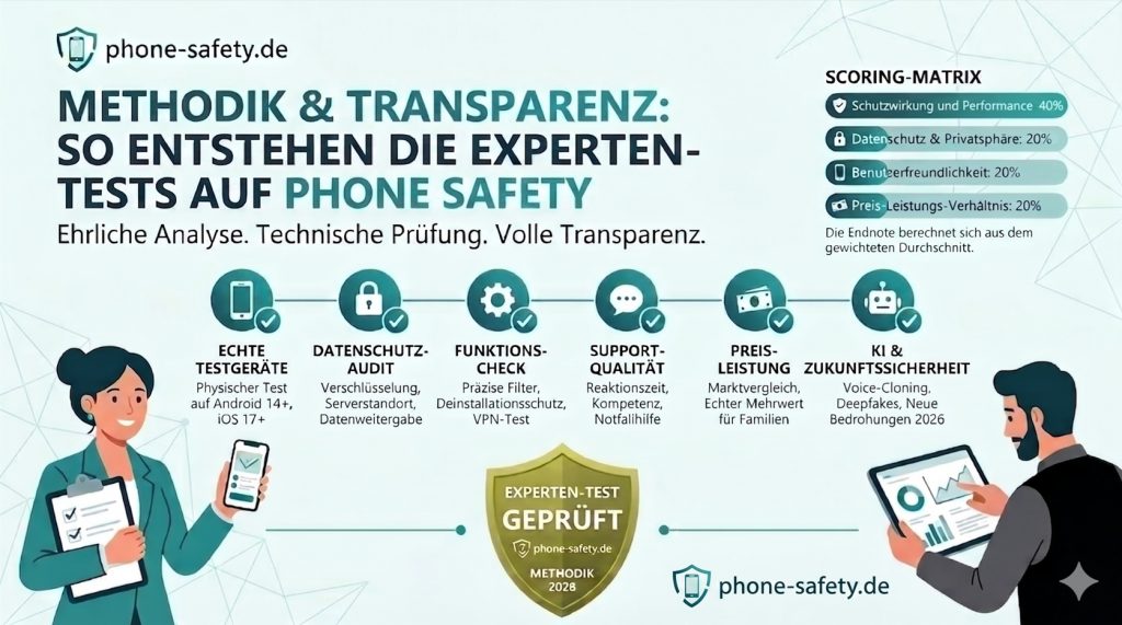 Unabhängige Smartphone Sicherheits-Tests: So Testen Wir Bei Phone Safety 1 Infografik Zur Phone Safety Testmethodik Für Smartphone-Sicherheits-Tests. Dargestellt Ist Der 6-Schritte-Prüfprozess Sowie Die Prozentuale Gewichtung Der Scoring-Matrix Für Handy-Sicherheits-Apps.